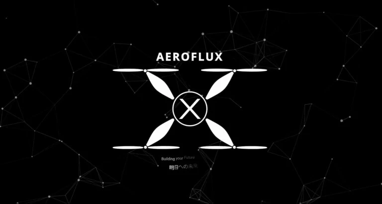 Logo AeroFlux: biały dron widziany z góry na ciemnej sieci cząsteczek
