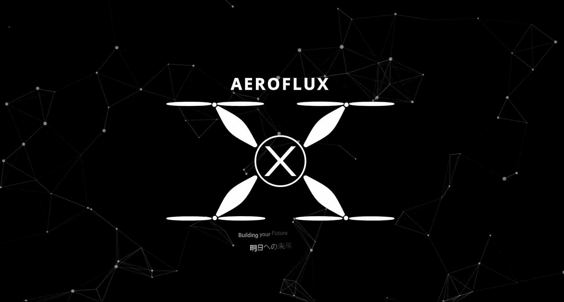 Logo AeroFlux: biały dron widziany z góry na ciemnej sieci cząsteczek