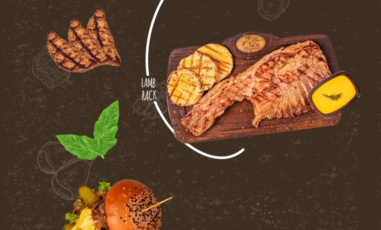 Menu Berkana: carré z jagnięciny i grillowane warzywa na ciemnym tle, połączone białą linią