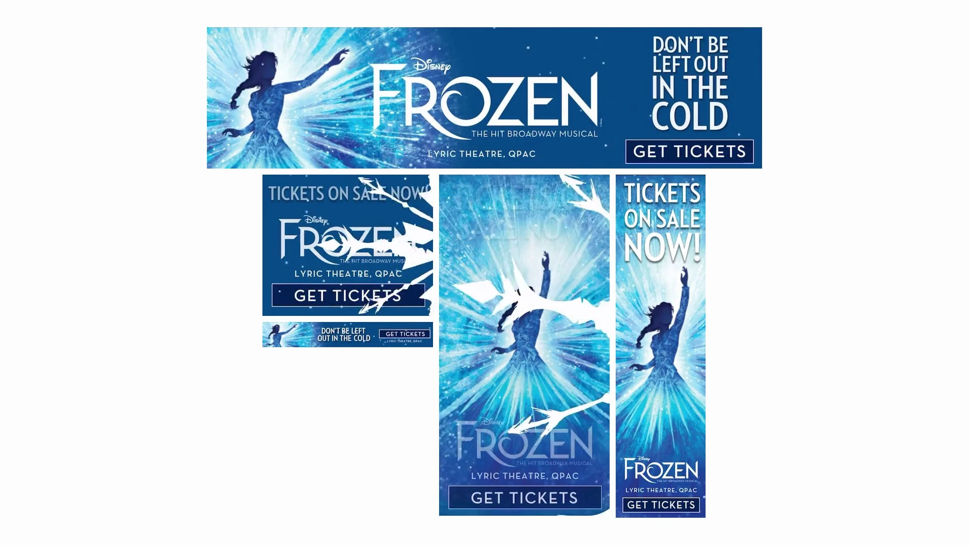 Banery Frozen na Brisbane: Elsa w niebieskim lodzie, tytuł i napis Tickets on sale now