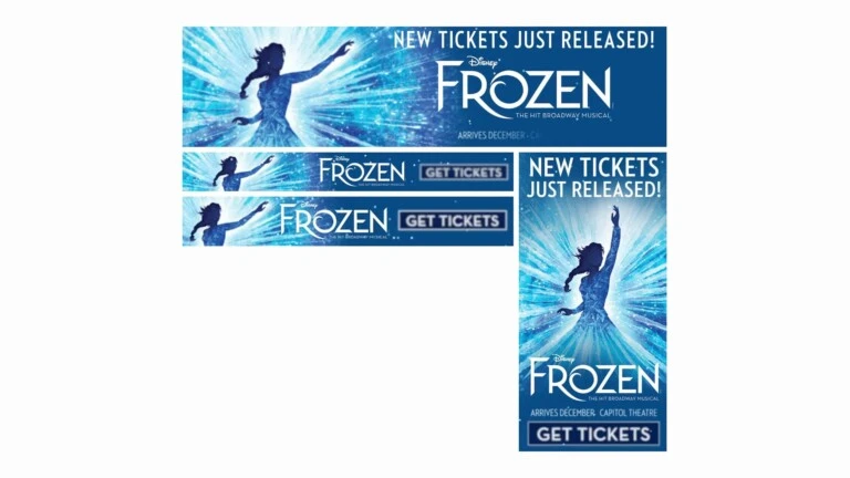 Banery Frozen: Elsa unosząca rękę w rozbłysku niebieskiego lodu obok tytułu