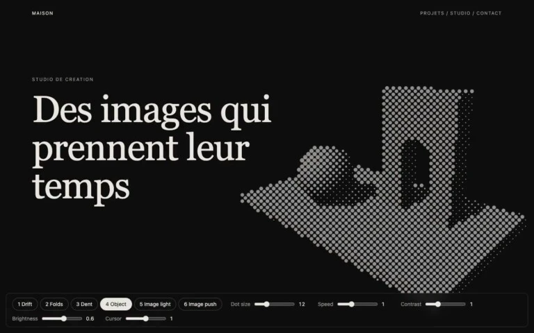 Halftone Lab: mała scena 3D narysowana białymi kropkami na czarnym tle