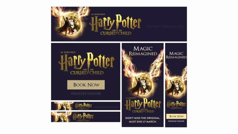 Banery Harry Potter and the Cursed Child: złote skrzydła wokół zegara na głębokim fiolecie