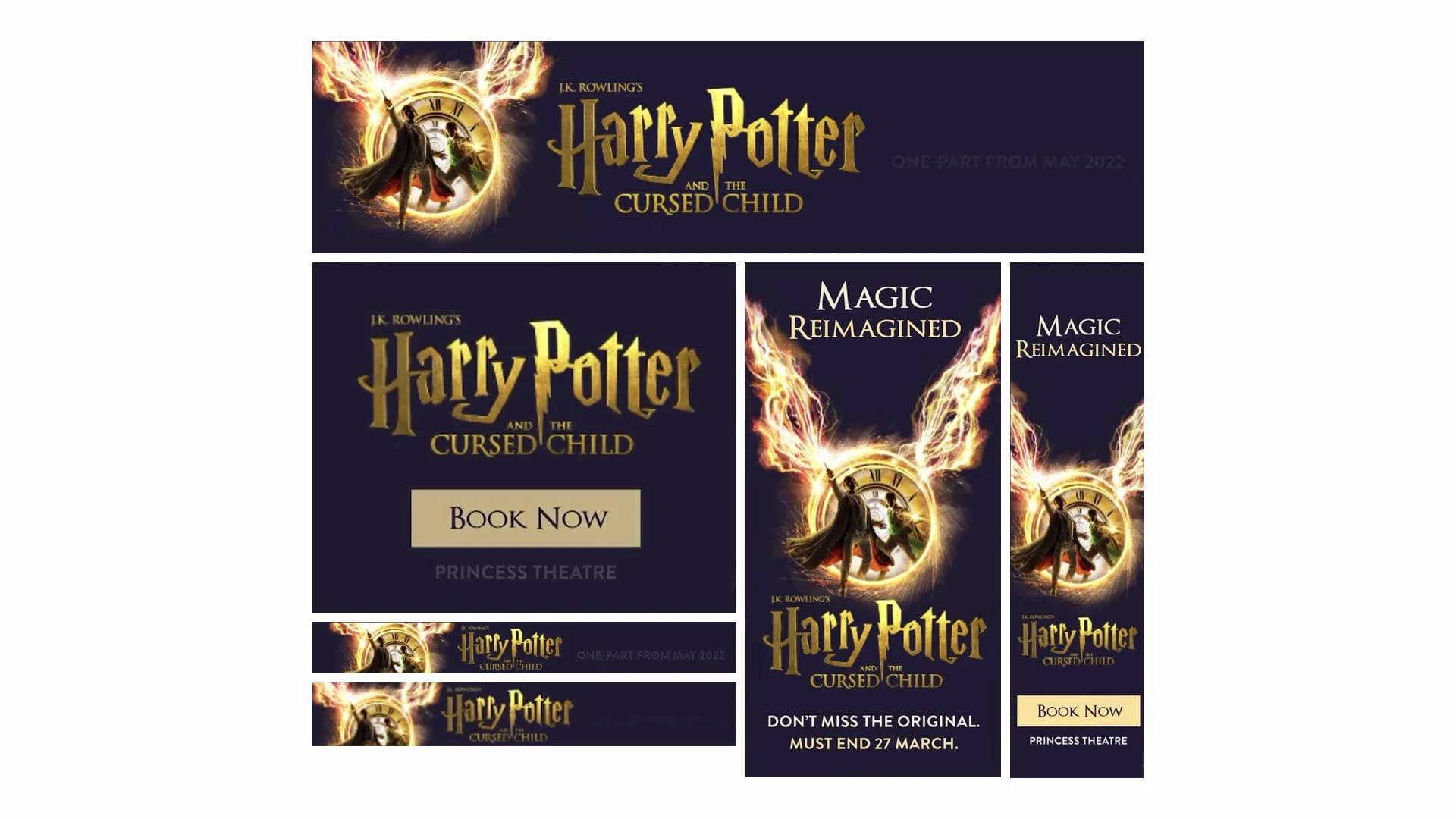Banery Harry Potter and the Cursed Child: złote skrzydła wokół zegara na głębokim fiolecie