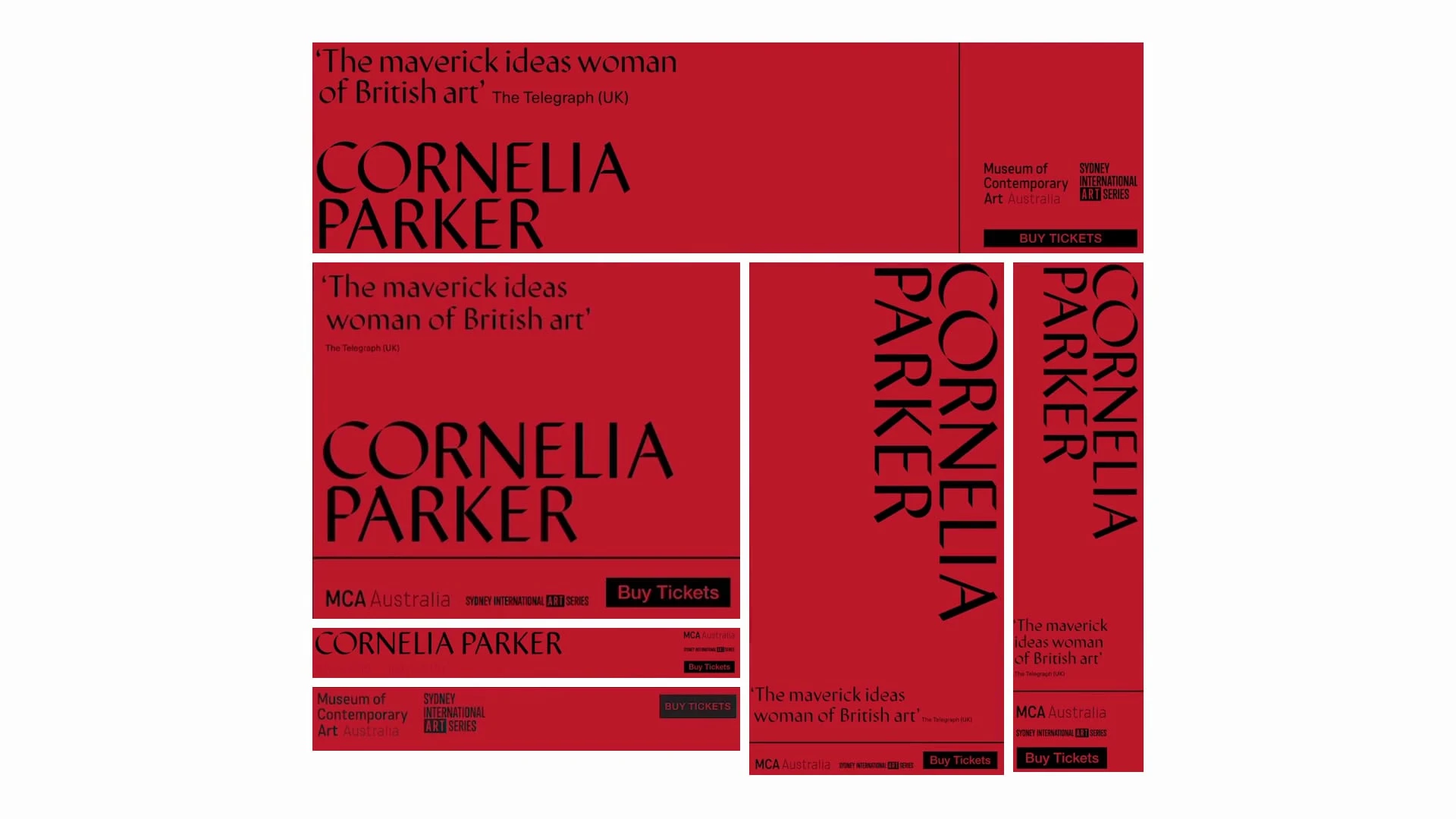 Banery Cornelii Parker: nazwisko artystki czarnymi wersalikami na czerwieni