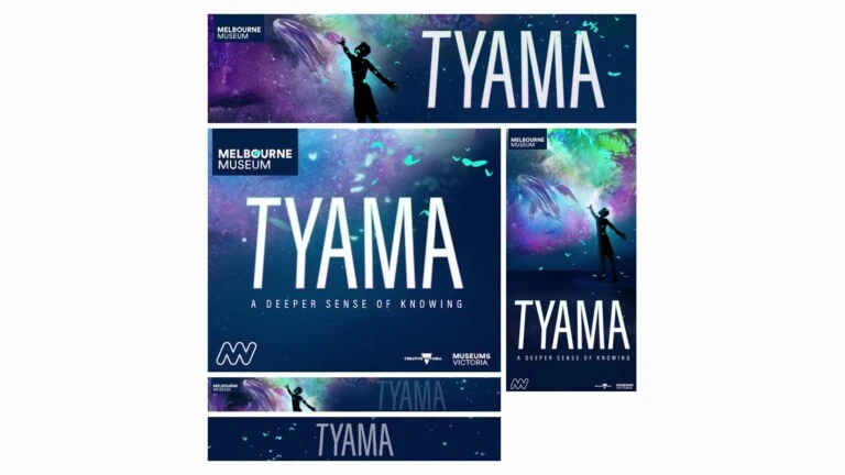 Banery Tyama: postać sięgająca w świecące nocne niebo nad słowem Tyama