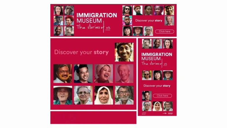 Banery Immigration Museum: siatka portretów na czerwieni z hasłem Discover your story