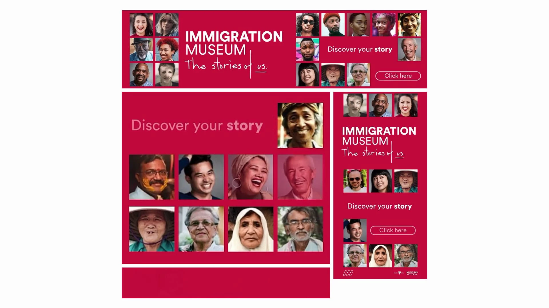 Banery Immigration Museum: siatka portretów na czerwieni z hasłem Discover your story