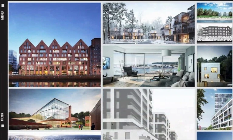 Siatka portfolio Pixality: rendery osiedli z czerwonej cegły, wnętrz i biur