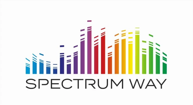 Logo Spectrum Way: tęcza słupków w kształcie fali dźwiękowej nad nazwą