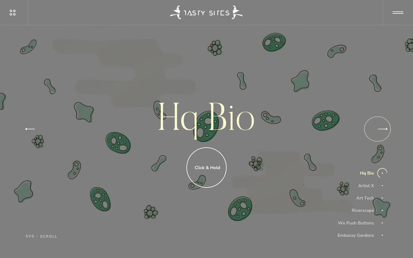 tastysites.pl: slajd HQ Bio, jego tytuł na tle zielonych ilustrowanych mikrobów