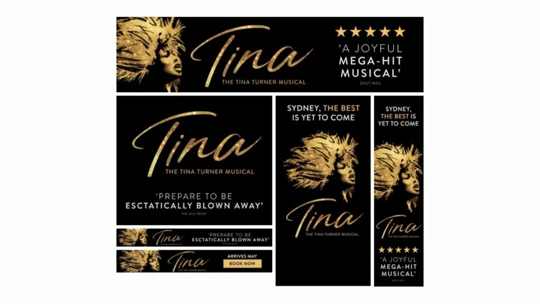 Banery The Tina Turner Musical: złoty portret Tiny i jej imię złotym pismem na czerni