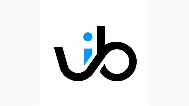 Logo Vibeuu: czarna zapętlona linia z niebieską kropką na białym tle