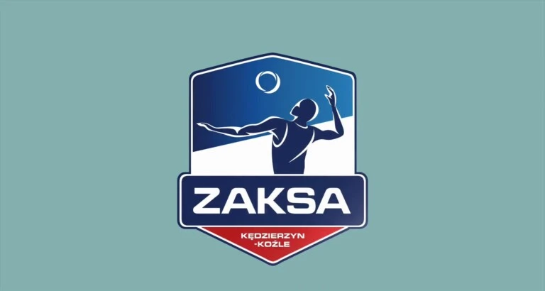 Herb ZAKSY: siatkarz atakujący piłkę w niebiesko-biało-czerwonej tarczy